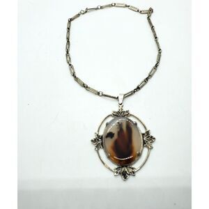 Dendrite Agate Pendant Necklace in a Silver Color Setting ~Vintage~